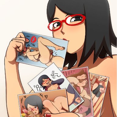 after sex, all fours, between labia, black eyes, black hair, blowjob, boruto: naruto next generations, breasts, convenient censoring, covering, covering breasts, covering self, cum taste, feet, female