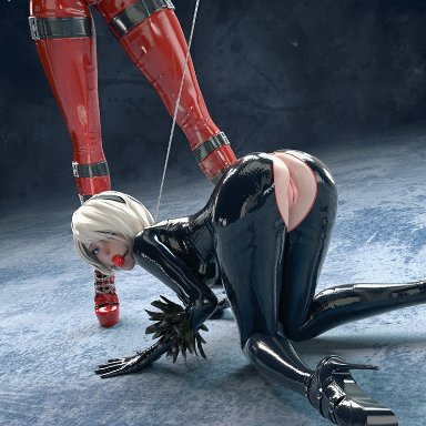ball gag, bondage, domination, exposed ass, exposed pussy, femsub, high heels, hydrafxx, kaine (nier), latex suit, looking at viewer, lowres, nier: automata, on knees, yorha 2b
