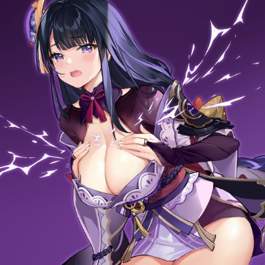 1girls, baal (genshin impact), big breasts, blush, breast grab, breast hold, busty, cleavage, crying, electricity, embarrassed, female, female only, genshin impact, grabbing own breast