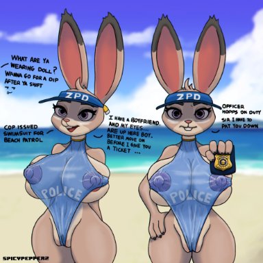 1girl, beach, big breasts, bunny ears, disney, furry, grey fur, judy hopps, large breasts, nipple bulge, nipples, nipples visible through clothing, police, public, purple eyes