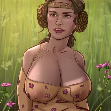 1girls, attack of the clones, beauty mark, big breasts, blush, breasts, brown eyes, brown hair, cleavage, clothed, clothing, day, dress, emmabrave, eyebrows
