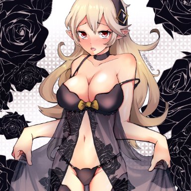 1340smile, 1girls, absurdres, babydoll, black flower, black rose, blush, camisole, chemise, corrin (fire emblem), corrin (fire emblem) (female), female, fire emblem, fire emblem fates, flower