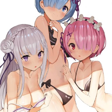 3girls, artbook, bare shoulders, bikini, bikini bottom, bikini pull, bikini top, black bikini, black bikini top, black swimsuit, blue eyes, blue hair, blush, bow bikini, braid