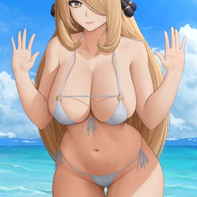 1girls, 2021, armpit crease, artist signature, bare legs, beach, bikini, blonde hair, blue sky, breasts, cynthia (pokemon), female, female focus, female only, gold eyes