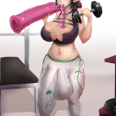 1futa, balls, big breasts, black hair, breasts, bulge, clothed, clothing, condom, condom in mouth, condom wrapper, elf, exercise, futa only, futanari