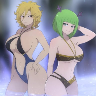 2girls, blonde hair, brandish mew, dimaria yesta, fairy tail, female only, green hair, short blonde hair, short green hair, short hair, tagme