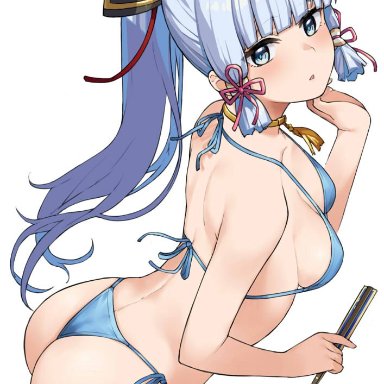 1girls, ass, ayaka (genshin impact), bikini, blue eyes, breasts, cute, dat ass, female, genshin impact, hai ookami, looking at viewer, medium breasts, ponytail, tagme