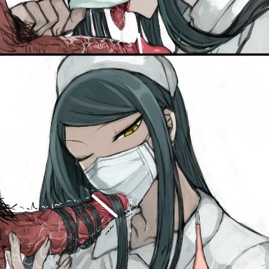 2boys, censor bar, danganronpa, femboy, long hair, mask, nurse, one eye closed, penis, pubic hair, puru, saliva, saliva trail, shinguji korekiyo