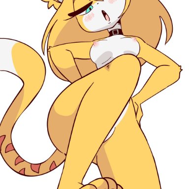 animated, aoi hanna, blonde hair, blue eyes, choker, color, colored, cute, diives, feet, feline, furry, lynx, naked, petite