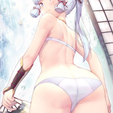 1girls, armpit, ass, ayaka (genshin impact), back, back view, bare shoulders, blush, bra, cute, fan, female, female only, genshin impact, hair ribbon