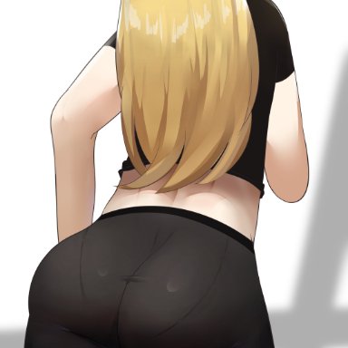 1girls, 2021, artist signature, ass, ass focus, ass shot, back, back view, black topwear, black yoga pants, blonde hair, bubble butt, clothed, clothed female, cynthia (pokemon)