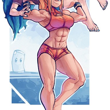 2019, 2girls, ^ ^, abs, absurd res, armpits, artist name, bare arms, bare legs, bare shoulders, barefoot, biceps, blonde hair, blue eyes, blue hair