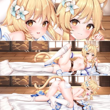 :3, animal ear fluff, animal ears, anus, arm support, ass, bangs, bell, blonde hair, blush, breasts, cat ears, cat tail, chinese commentary, commentary request