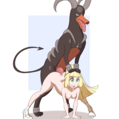 1animal, 1boy, 1girls, all fours, anal, anal sex, animal genitalia, animal penis, areolae, ass, ass up, blonde hair, breasts, canine, canine penis