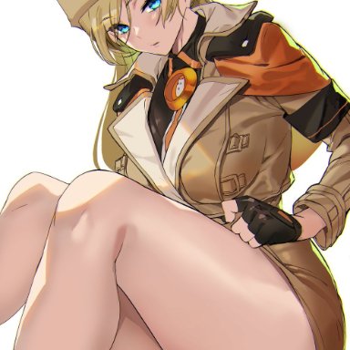 1girls, arc system works, ashiomi masato, blonde hair, blue eyes, coat, fingerless gloves, gloves, guilty gear, guilty gear strive, hat, looking at viewer, military uniform, millia rage, pinup