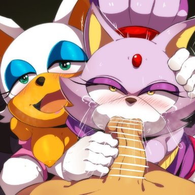 1boy, 2girls, assisted fellatio, blaze the cat, elbow gloves, fellatio, gloves, human on anthro, oral, owahi ego, rouge the bat, shortstack, sonic (series), threesome