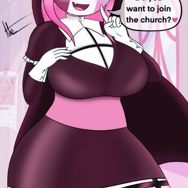 big breasts, blush, church, friday night funkin, long hair, mid fight masses, nsfwtalex, nun outfit, pink hair, sarvente (dokki.doodlez), smile, thigh squish