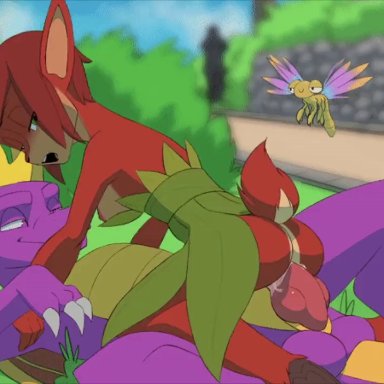 1girls, 2boys, animal genitalia, animated, anthro, artist name, balls, breasts, brown fur, brown hair, claws, dragon, dragonfly, duo, elora