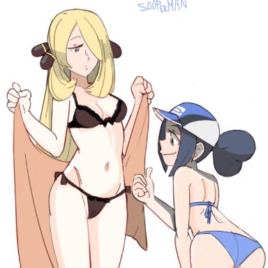 2girls, admiring, ass, bettie (pokemon), bikini, bikini bottom, bikini top, breasts, cap, cynthia (pokemon), duo focus, female, female focus, female only, game freak