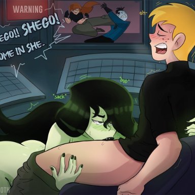 1boy, 1girls, ass, black hair, blonde hair, blowjob, busty, disney, fellatio, freckles, hermitmoth, hourglass figure, kim possible, long hair, oral