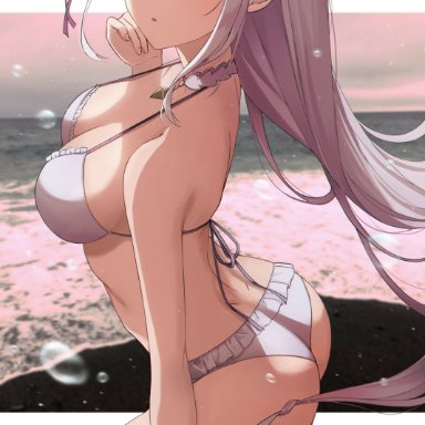 ass, bangs, bare arms, bare legs, bare shoulders, beach, bikini, braid, breasts, choker, cleavage, crown braid, dimples of venus, elf, emilia (re:zero)