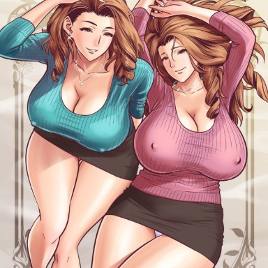 2girls, black skirt, breasts, brown eyes, brown hair, bursting breasts, cleavage, collarbone, covered erect nipples, curvy, drill hair, drill locks, earrings, feet out of frame, female focus