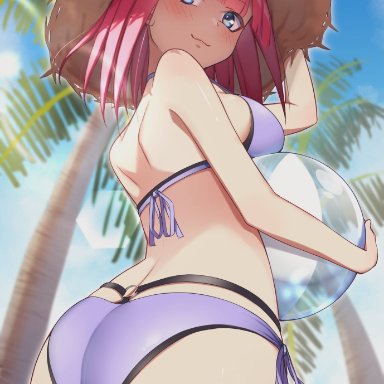 1girls, alternate hairstyle, ass, ass focus, ball, bangs, beach ball, beachball, big ass, bikini, blunt bangs, blush, breasts, closed mouth, commentary request