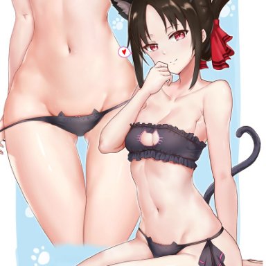 animal ears, archway of venus, bangs, bare arms, bare legs, bare shoulders, bikini bridge, black hair, black panties, black underwear, blush, bow, bow panties, bra, bra lift