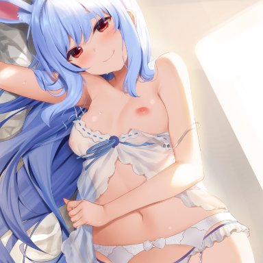alternate hairstyle, animal ear fluff, animal ears, babydoll, bangs, bare shoulders, blue hair, blush, breasts, cameltoe, commentary request, commission, eyebrows visible through hair, female, garter belt
