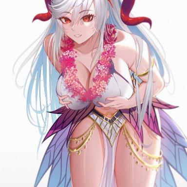 1girls, alfa (alpharig), alternate costume, bare legs, bare shoulders, bikini, breast grab, cleavage, collarbone, colored inner hair, double breast grab, fire emblem, fire emblem heroes, flower, flower necklace