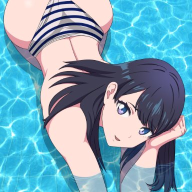 artist name, ass, back, bangs, bikini, bikini bottom, black hair, blue eyes, eyebrows visible through hair, female, female, female only, high resolution, in water, large ass