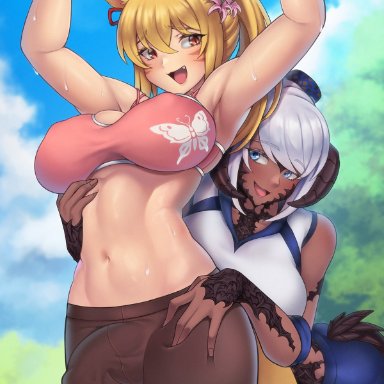 1futa, 1girls, animal ears, au ra, balls, breasts, cat ears, catgirl, clothed, clothing, dark-skinned female, dark skin, duo, erection, erection under clothes