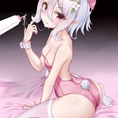 absurdres, animal ears, ass, backless outfit, bangs, bed sheet, between legs, breasts, cleavage, closed mouth, eyebrows visible through hair, fake animal ears, fake tail, female, flower