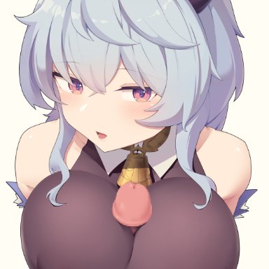 absurdres, ahoge, bangs, bare shoulders, bell, black bodysuit, blue hair, blush, bodysuit, breast squeeze, breasts, censored, covered erect nipples, cowbell, female