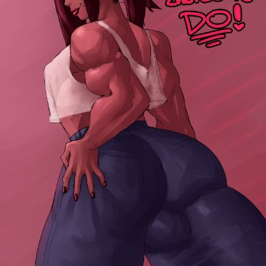 axred7, back view, backsack, beauty mark, big ass, big butt, bulge, clothed, dark skin, earrings, femboy, flat chest, girly, long hair, looking back