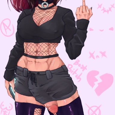 1futa, :), abs, anarchy, anarchy symbol, big penis, bimbo, black clothes, black makeup, black nails, blush, blushing, breasts, broken heart, brown hair