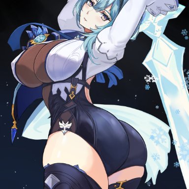 1girls, 2021, ass, ass focus, ass shot, asymmetrical hair, backless outfit, blue hair, breasts, bubble butt, clothed, dark background, elegant, eula (genshin impact), female