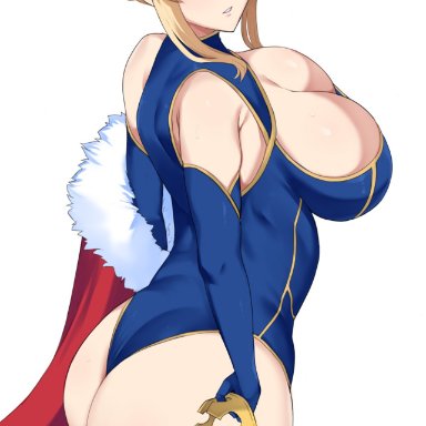 ahoge, artoria pendragon, artoria pendragon (lancer), ass, blonde hair, blush, breasts, cape, cape removed, cleavage, crown, crown removed, elbow gloves, elimikon, erimiko