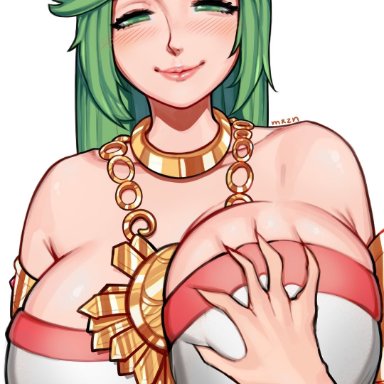 1girls, big breasts, disembodied hand, green hair, hand on breast, kid icarus, kid icarus uprising, long hair, mariezone, milf, nintendo, palutena, tiara, white dress