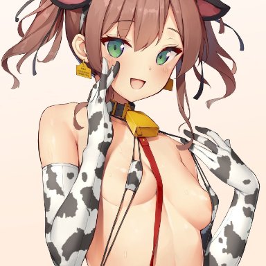 1girl, 1girls, blush, breasts, brown hair, cow bikini, cow ears, cow print, cow print bikini, cow tag, cowbell, detached sleeves, female, female focus, female only