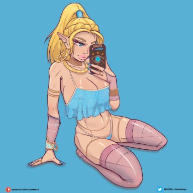 1girls, 2021, arm support, armwear, artist name, belly, big breasts, bikini, bikini bottom, bimbo, blonde hair, blue background, blue bikini bottom, blue eyes, blue nail polish