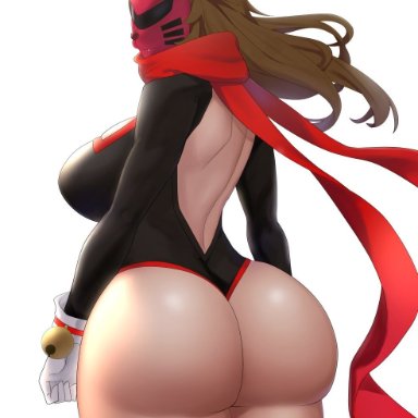 bare back, big ass, big breasts, bottom heavy, bottomless, fat ass, gloves, huge ass, huge breasts, long hair, looking back, mask, remomon, scarf, thick thighs
