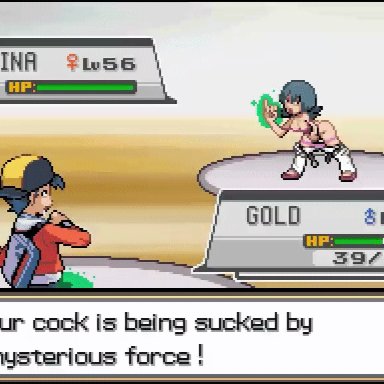 1boy, 1girls, 2021, animated, battle, belt, belt unbuckled, big breasts, blowjob, blue hair, breast jiggle, english text, ethan (pokemon), female masturbation, gameplay mechanics