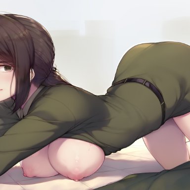 1girls, all fours, areolae, ass, attack on titan, big breasts, black eyes, black hair, breasts, breasts outside, exposed breasts, female, female only, highres, kimoshi