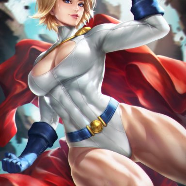 1girls, abs, action pose, big breasts, blonde hair, blue eyes, breasts, cape, cleavage, cleavage cutout, clothed, clothing, dc, dc comics, female
