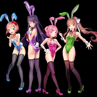 4girls, bunny ears, bunny girl, bunnysuit, doki doki literature club, female, female only, monika (doki doki literature club), natsuki (doki doki literature club), sayori (doki doki literature club), thighhighs, yuri (doki doki literature club)