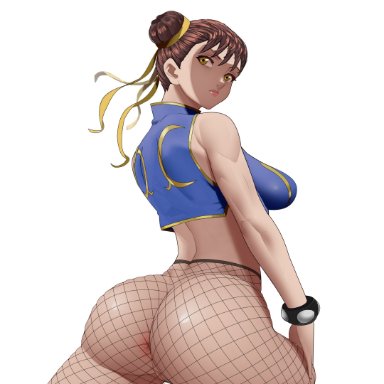 anus, asian, asian female, ass, back view, big ass, bracelet, brown eyes, brown hair, bubble butt, capcom, chun-li, clothing, fishnets, hair bun