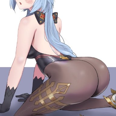 ass, bare shoulders, black gloves, black legwear, blue hair, ganyu (genshin impact), genshin impact, gloves, hiuh, horns, looking at viewer, looking back, pantyhose, purple eyes, solo