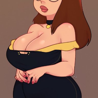 1girls, alternate hair length, bare shoulders, breasts, brown hair, choker, cleavage, clothed, curvy, dress, family guy, female, female only, glasses, hourglass figure
