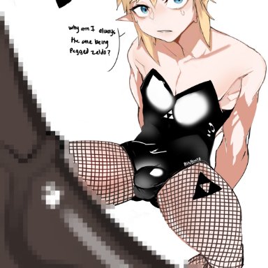 2020, 5:8, absurd res, animal ears, artist name, bare arms, bare shoulders, big penis, blonde hair, blue eyes, breath of the wild, bulge, bunny boy, bunny ears, bunnysuit